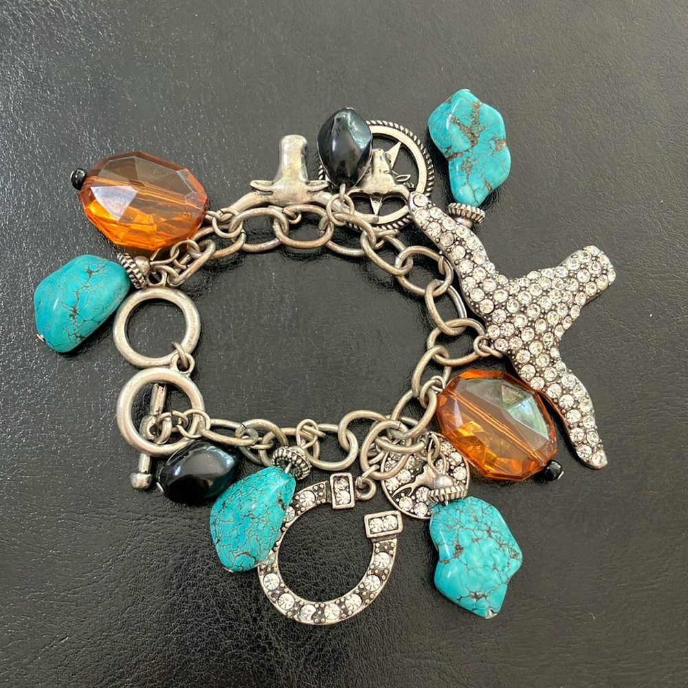 Southwestern Turquoise and Silver Artisan Charm Toggle Bracelet- pre-loved.